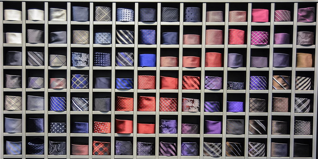 Rows of ties in shelving 